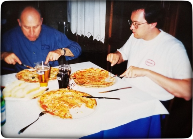 Margherita pizza was his favorite, often stacking two. Here enjoying it with Zio Marino.