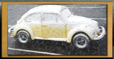 Yellow VW Beatle covered in snow as a painting